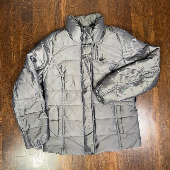 DKNY Women’s Down Puffer Jacket Small Gray Metallic Hooded Warm Winter Coat - Picture 1 of 8